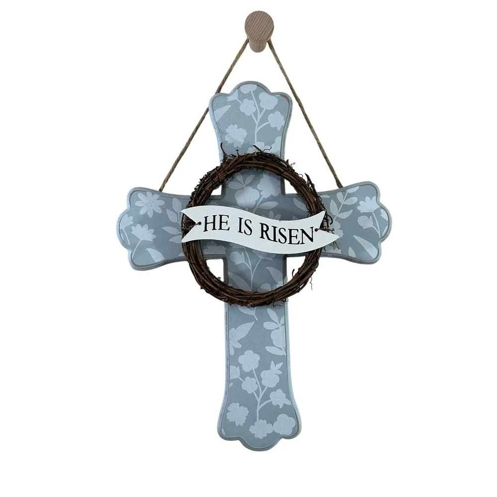 Kirklands Home He Is Risen Floral Wall Cross Blue Wood Wreath Easter Decor 14.5